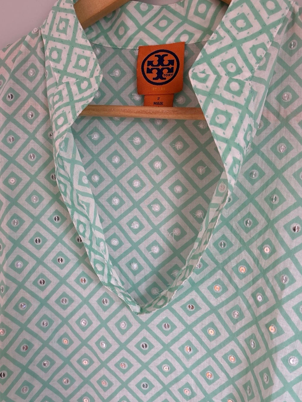 Tory Burch Mint Sequinned Geometric V-Neck Cotton Blouse - Picture 5 of 12